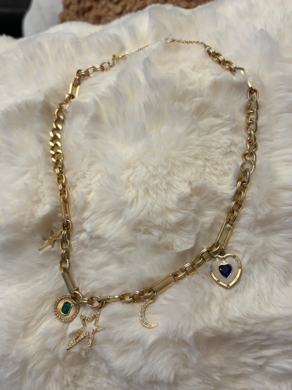 aerie Gold Charm Link Necklace with Blue Heart and Green Medallion
